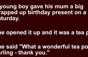A young boy gave his mum a big wrapped up birthday present