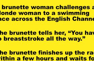 A brunette woman challenges a blonde woman to a swimming race