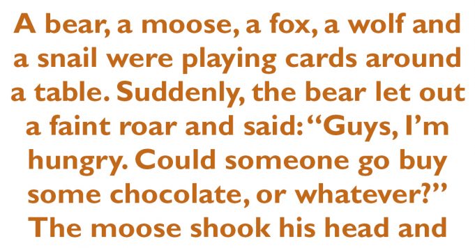 A bear, a moose, a fox, a wolf, and a snail were playing cards around a table