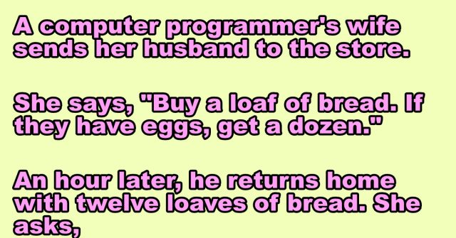 A computer programmer's wife sends her husband to the store.