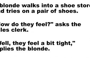 A blonde walks into a shoe store