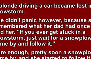 A blonde driving a car became lost in a snowstorm.