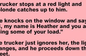 A trucker stops at a red light and a blonde catches up to him.