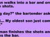 A man walks into a bar and orders three shots.