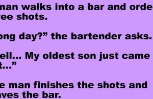 A man walks into a bar and orders three shots.