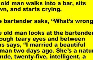 An old man walks into a bar, sits down, and starts crying