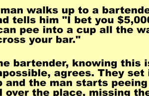A man walks up to a bar and make a bet with the bartender.