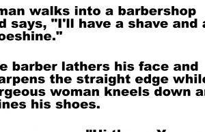 A man walks into a barbershop to have a shave and shoeshine