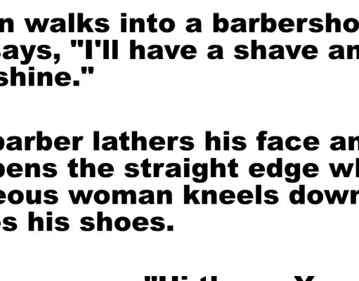 A man walks into a barbershop to have a shave and shoeshine