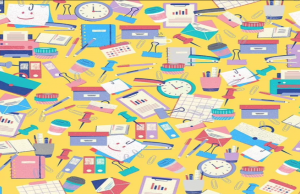 Find the single coffee cup hidden in the office supplies!