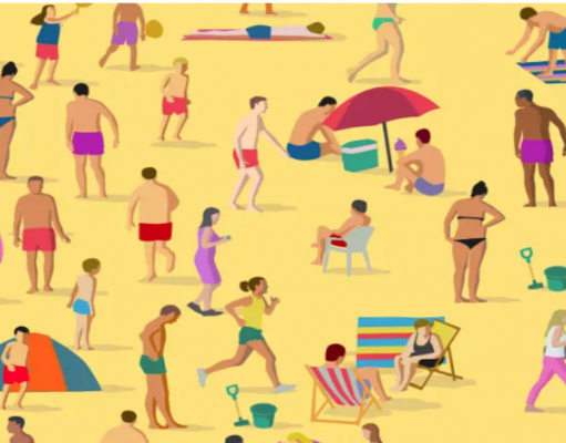 Can you spot a beachgoers enjoying an ice cream cone