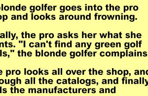 A blonde golfer goes into the pro shop
