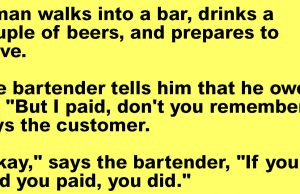 A man walks into a bar and orders a couple of beers