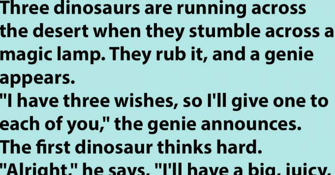 Three dinosaurs are running across the desert.