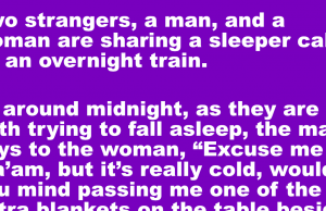 A man and a woman are sharing a sleeper cab on an overnight train.