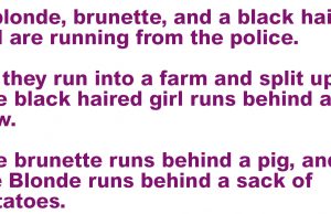 A blond, brunette, and a black haired girl are running.