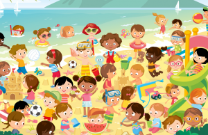 Can you spot a pair of twins on a busy beach?