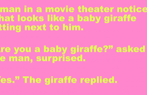 A man saw a baby giraffe in the movie theater.
