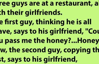 Three guys are at a restaurant with their girlfriends.