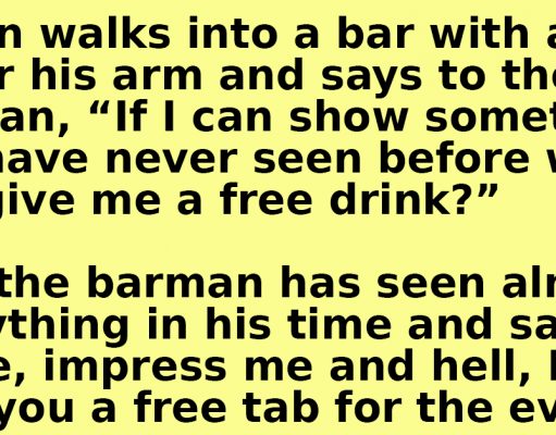 A man walks in to a bar with a box under his arm