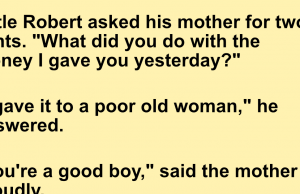 Robert gives 2 cents to a poor old women.