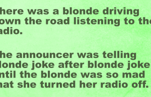 There was a blonde driving down the road listening to the radio.