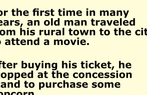 an old man traveled from his rural town to the city to attend a movie.