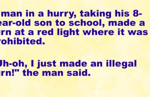 A man is taking his 8-year-old son to school in a hurry.