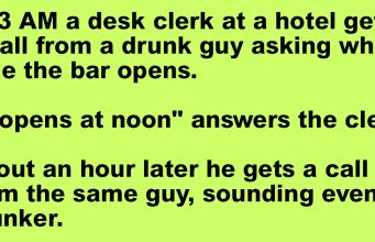 A desk clerk at a hotel gets a call from a drunk guy
