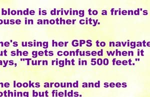 A blonde is driving to a friend’s house in another city.