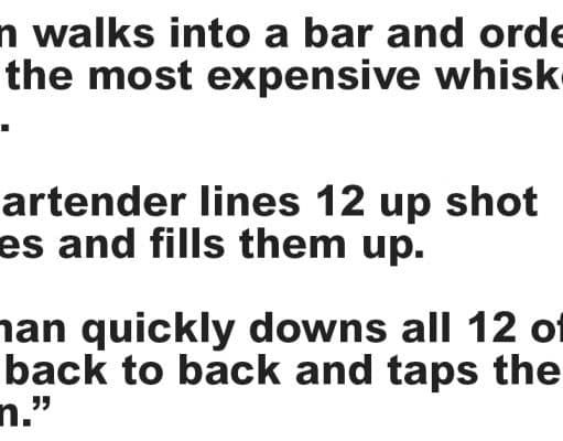A man walks into a bar and orders 12 expensive whiskey shots.