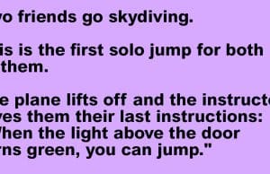 Two friends go skydiving.