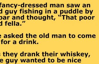 A fancy-dressed man spots an old guy fishing