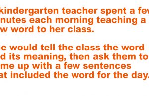 A kindergarten teacher teaching a new word to her class.