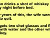 A man drinks a shot of whiskey before bed.