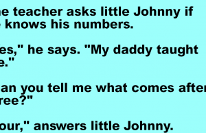 The teacher asks little Johnny if he knows his numbers.