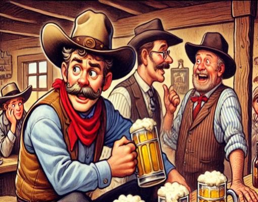 A cowboy, fresh from Texas orders three mugs of Bud