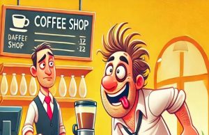 A drunken man walks into a coffee shop