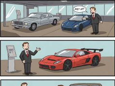 A man walks into a car dealership.