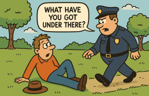 A man is walking home through a park