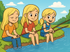 Three blondes are sitting by the side of a river