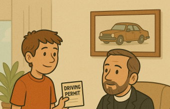 A young boy had just gotten his driving permit.