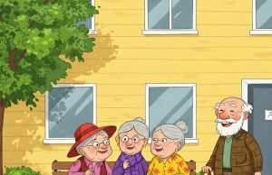Three mischievous old grannies were sitting on a bench outside