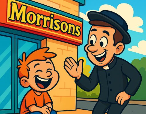 A little boy was waiting for his mother to come out of the Morrisons store.