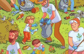 Hidden Picture: Family collects garbage.