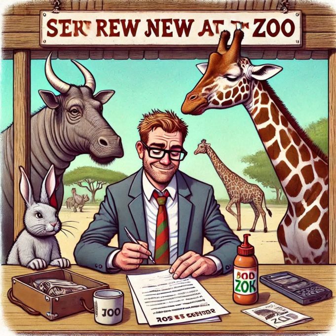 A bloke starts his new job at the zoo and is given three tasks