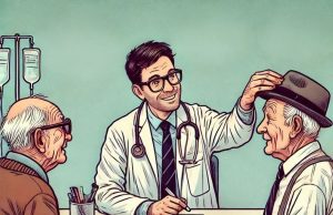 Three elderly men visit the doctor’s office for a memory test.