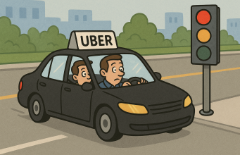 An Uber is cruising down a boulevard