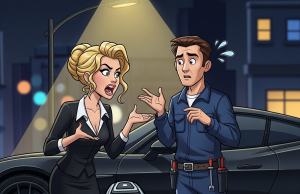 Carolyn, a rich blonde, buys a new automatic Jaguar XKR Sport.