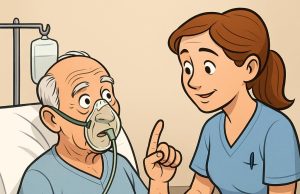 A man was lying in a hospital bed, hooked up to oxygen, recovering from surgery.